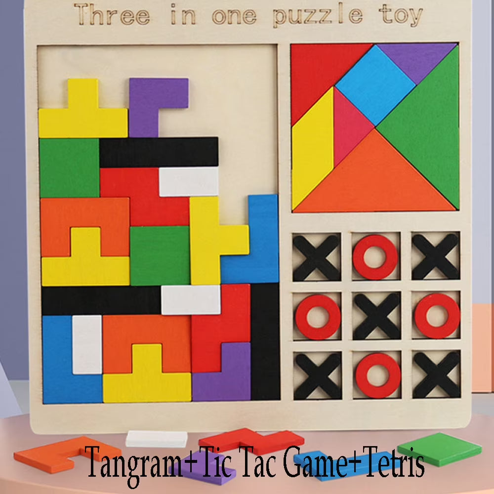 Wooden Blocks Puzzle Brain Teasers Toy, Tic Tac Toe Board Game Toy, Tangram Puzzle Toy G42939