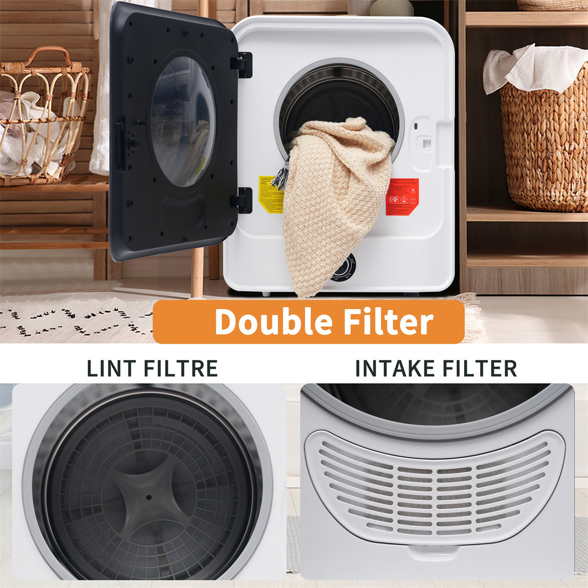 1.95cu.ft Clothes Dryer, 830W, Stainless Steel Tumbler, 5 Programs, Black Door P9387