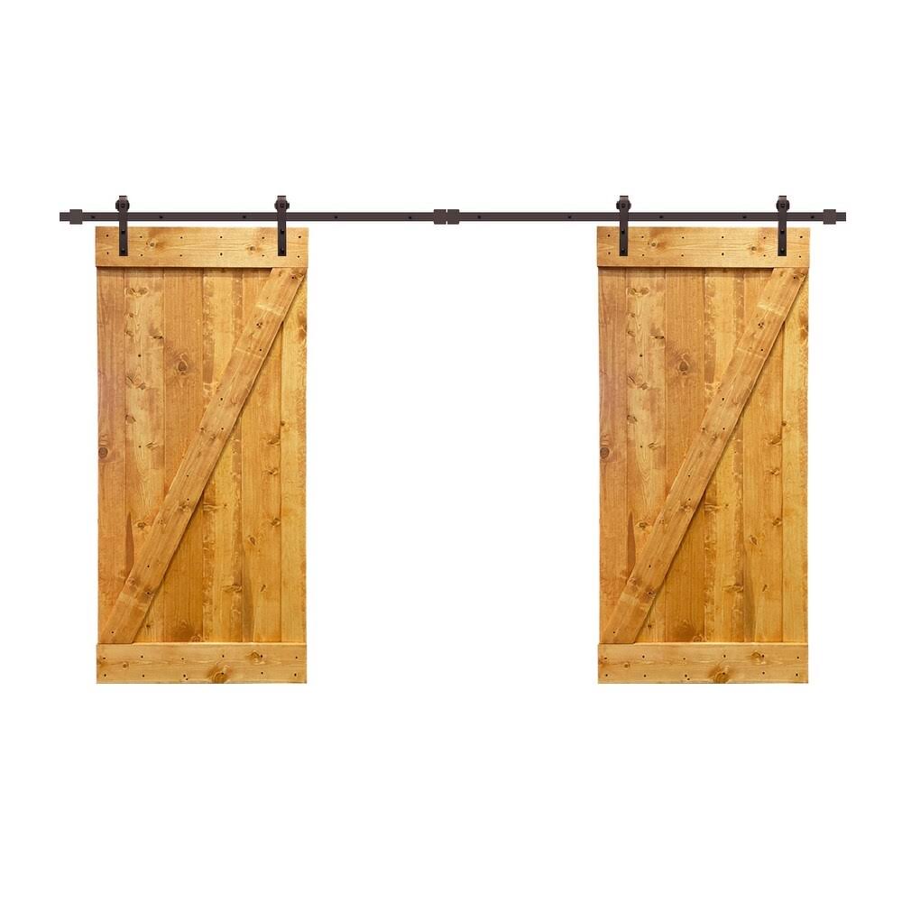 Red Walnut Stained Solid Pine Wood Interior Double Sliding Barn Door with Hardware Kit D13793