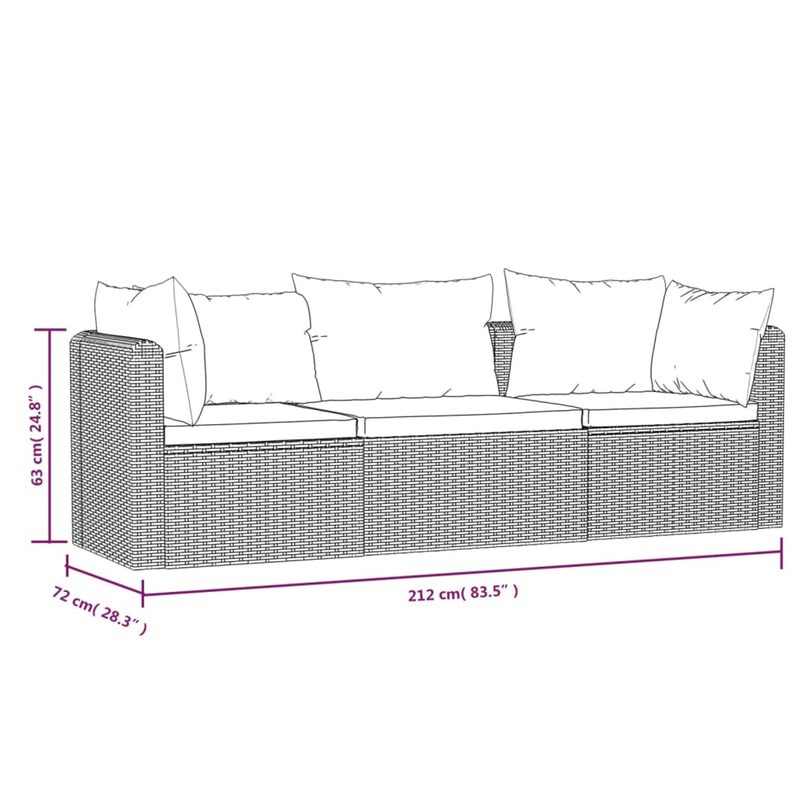 Black Poly Rattan 3 Piece Patio Sofa Set with Cushions V892