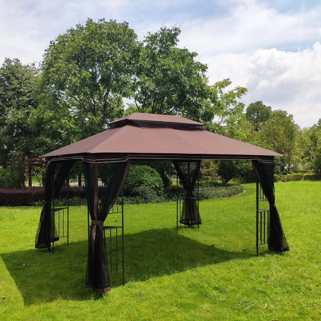 Brown Outdoor Patio Gazebo Canopy Tent with Ventilated Double Roof and Mosquito Net F844