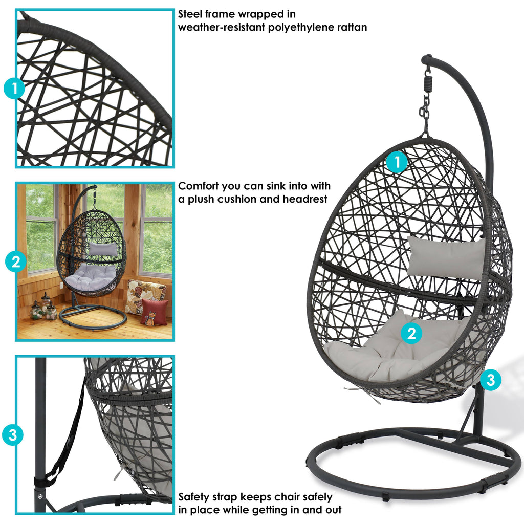 Gray Hanging Egg Chair with Stand - Resin Wicker L986