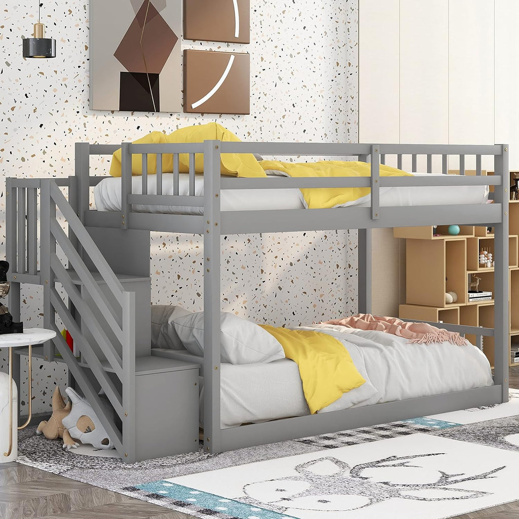 Twin Over Twin Bunk Beds with Slide and Staircase (White) X32468