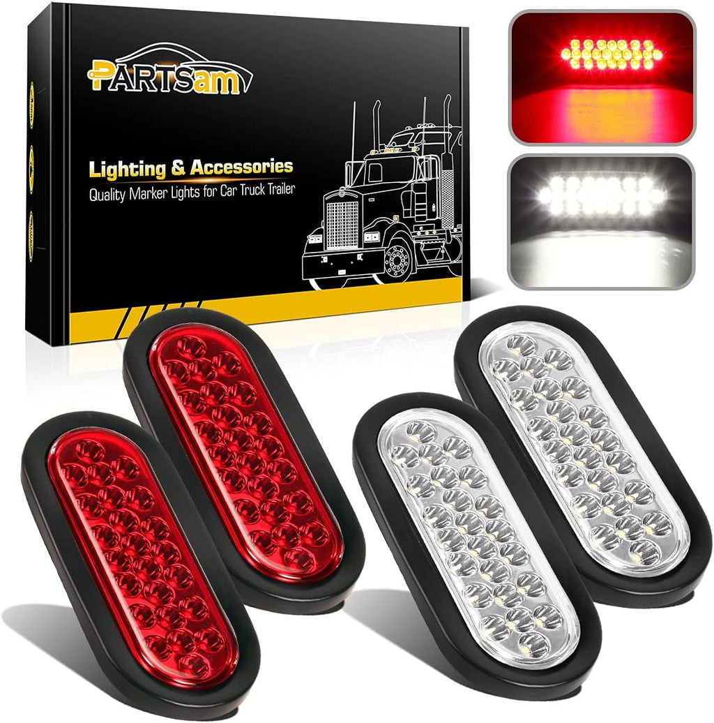2xRed + 2xWhite 6 LED Oval Stop Turn Tail Lights Brake Backup Reverse Light Kit Waterproof 12V Sealed 6 Inch Oval LED Trailer Tail Lights Grommet Mount Pack of 2 A909