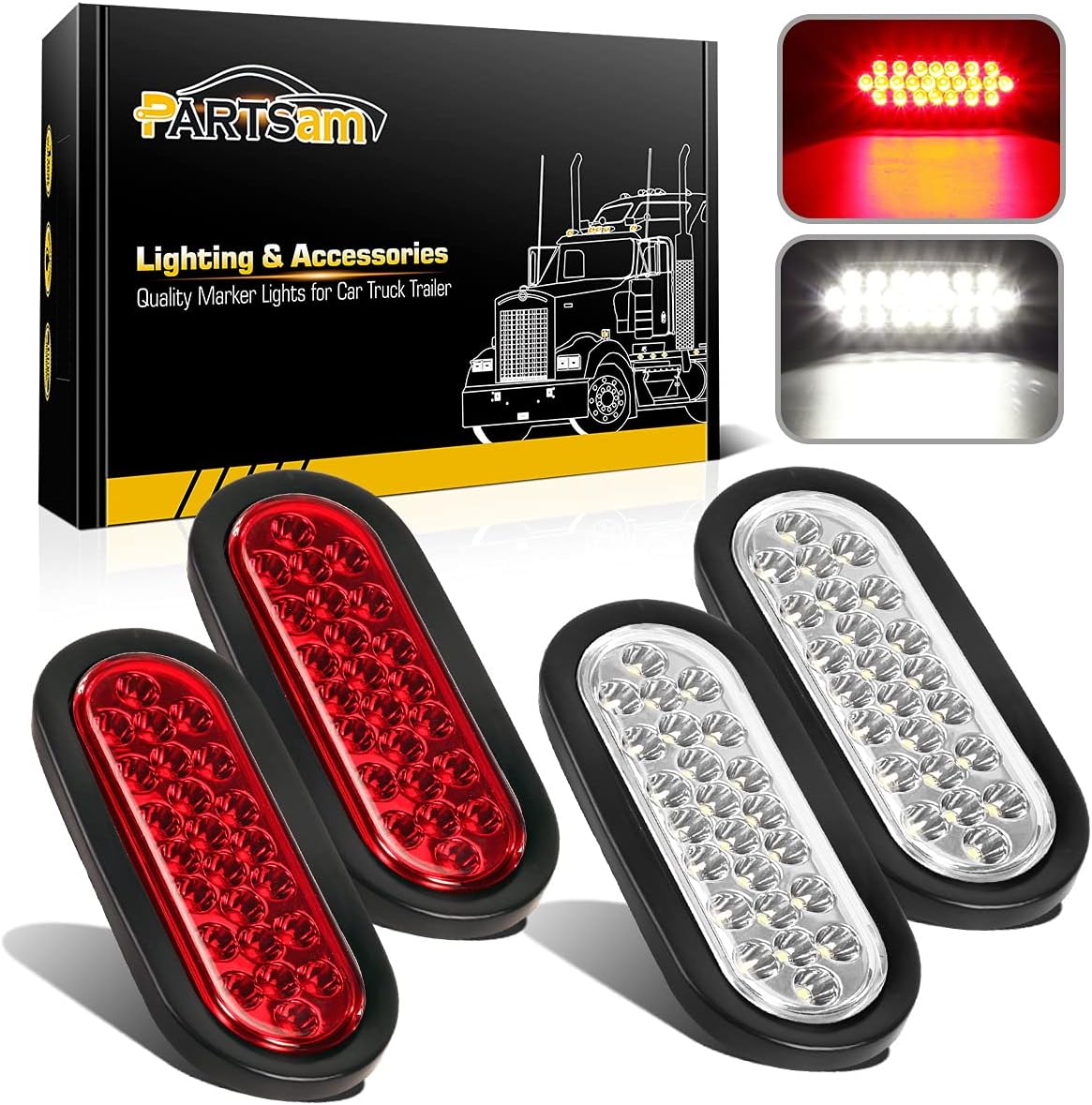 2xRed + 2xWhite 6 LED Oval Stop Turn Tail Lights Brake Backup Reverse Light Kit Waterproof 12V Sealed 6 Inch Oval LED Trailer Tail Lights Grommet Mount Pack of 2 A909