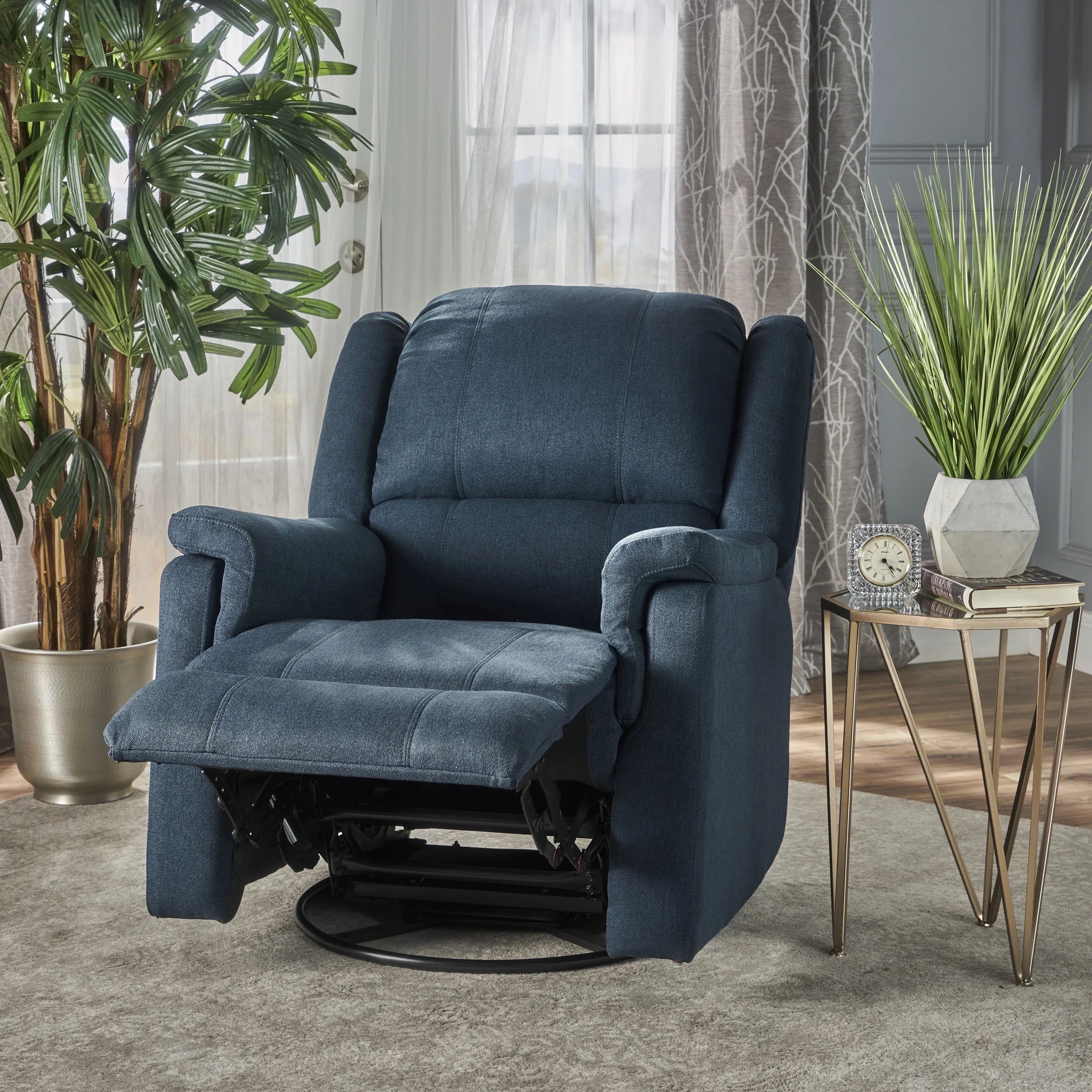 Navy Blue Fabric Tufted Swivel Glider Recliner Q186