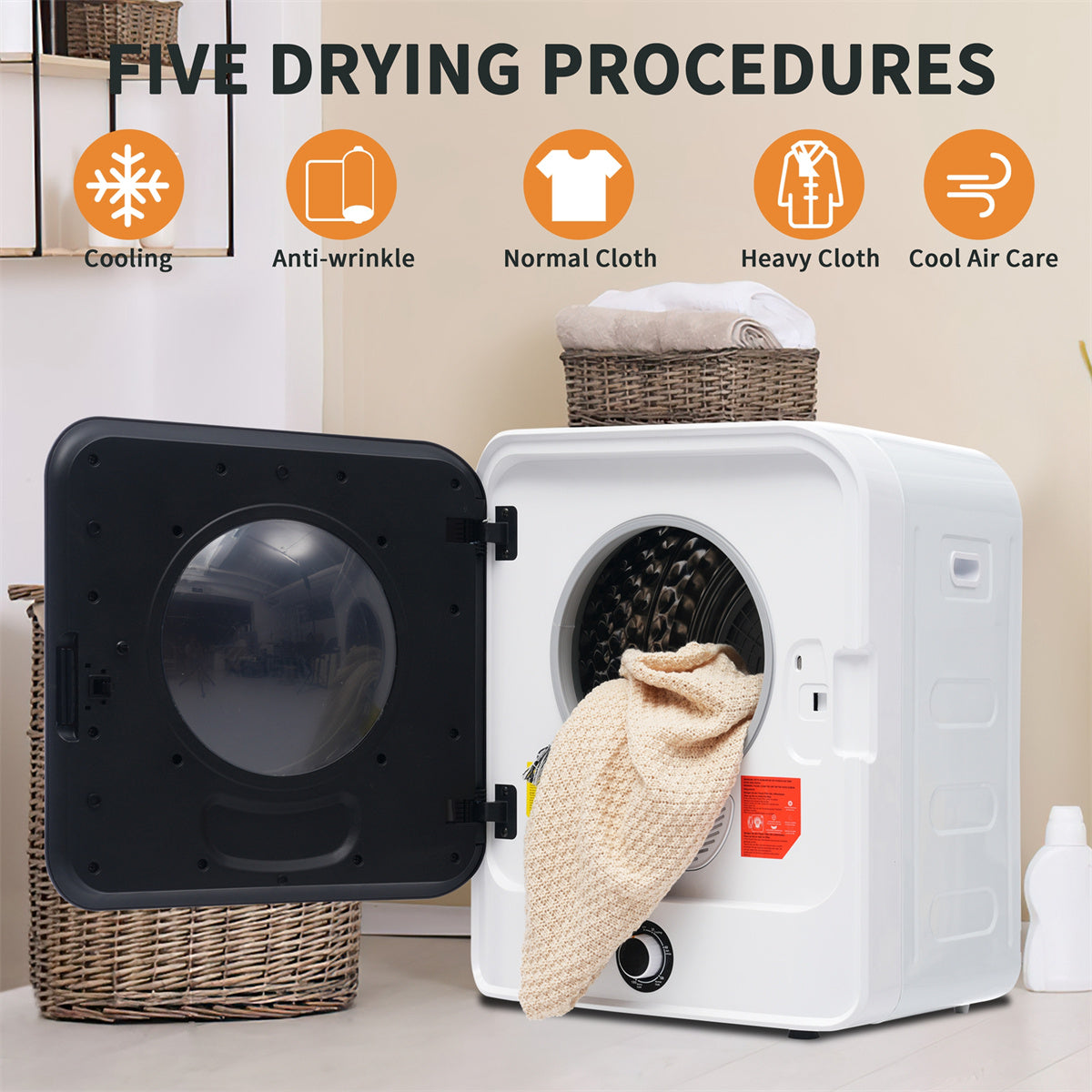 1.95cu.ft Clothes Dryer, 830W, Stainless Steel Tumbler, 5 Programs, Black Door P9387
