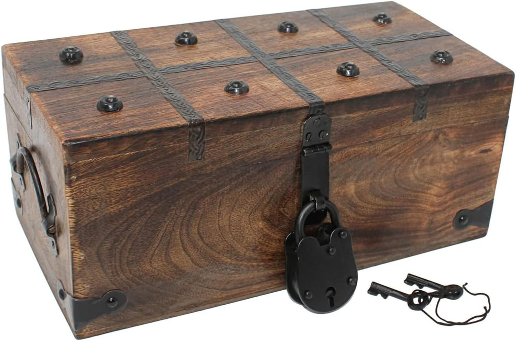 Treasure Chest Wooden Box with Antique Iron Lock and Skeleton Key, Medium 12.25 x 6 x 5.5, Pack of 2 I563