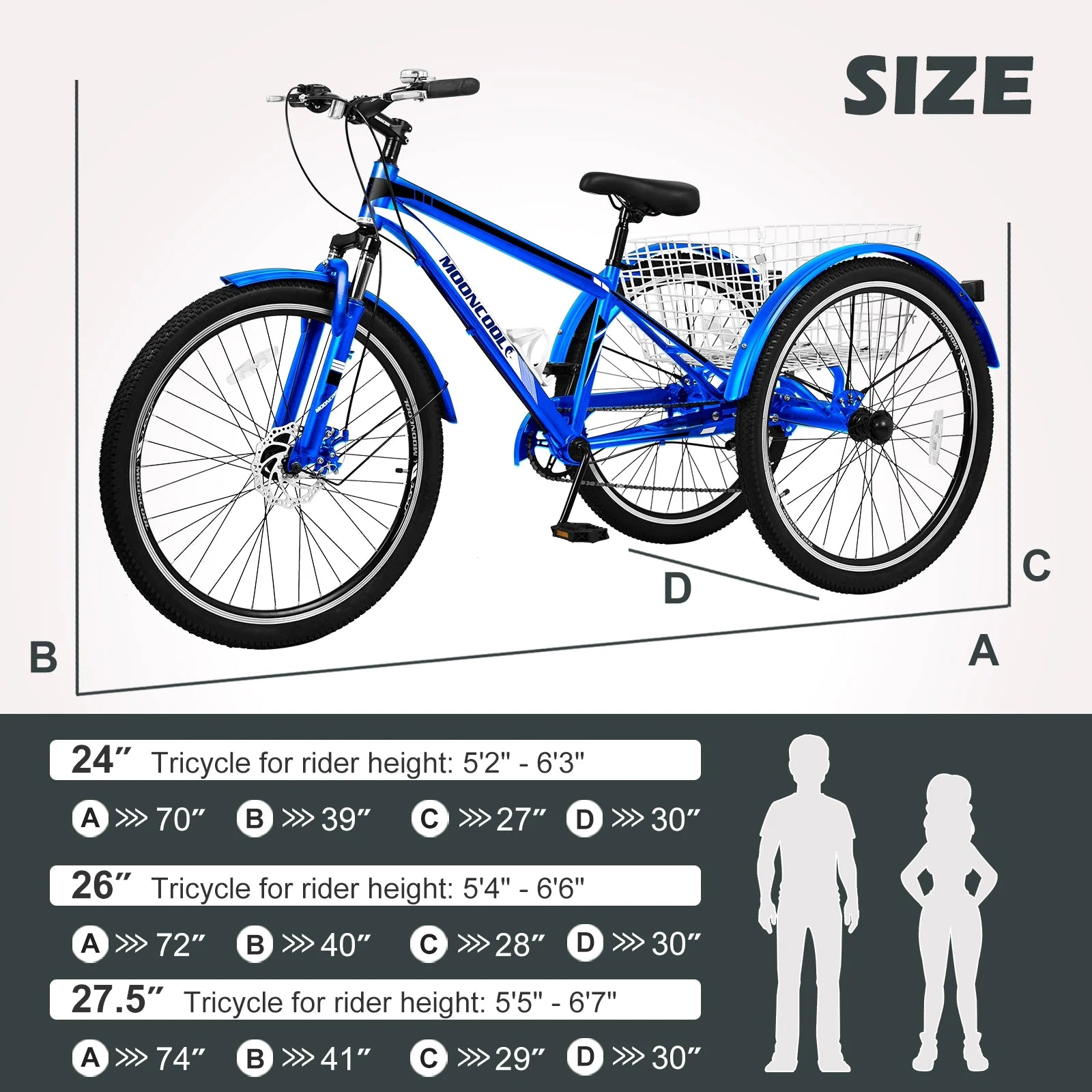 Adult Mountain Tricycle, 7 Speed Three Wheel Bike, 24/26/27.5 inch, 420 lbs Y89923