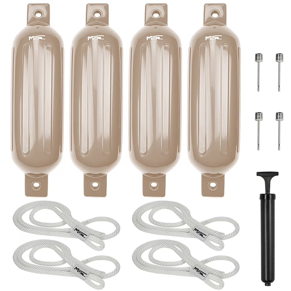 Sand 8.5" x 27" Vinyl Ribbed Boat Fenders with Fender Lines and Inflators X33044
