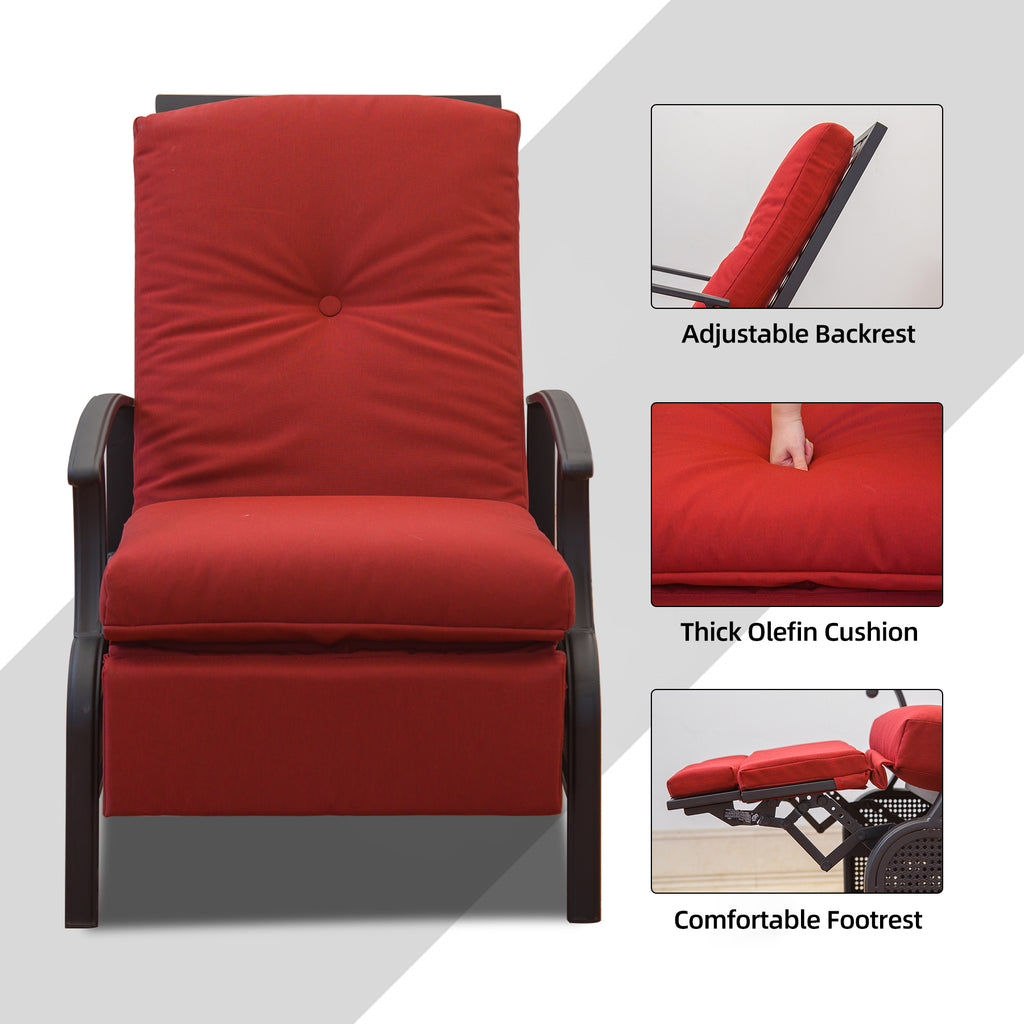 Adjustable Patio Recliner Chair Metal with Removable Cushions (Red) K531