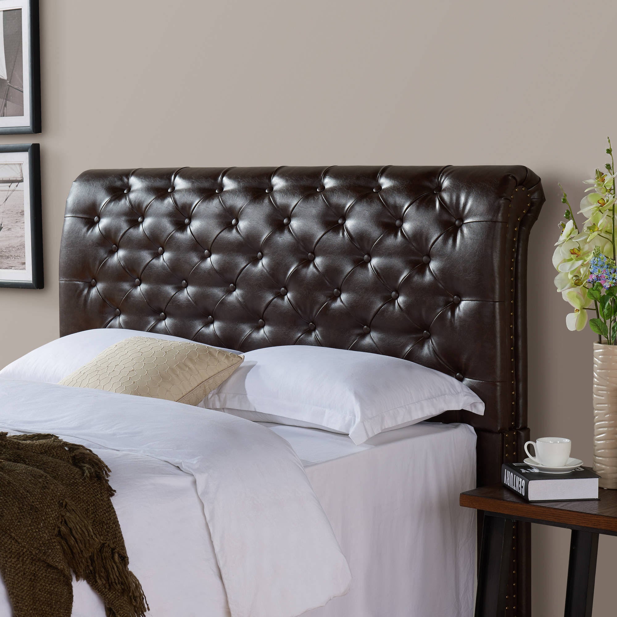 Brown Bonded Leather Rolled Tufted Headboard B49328