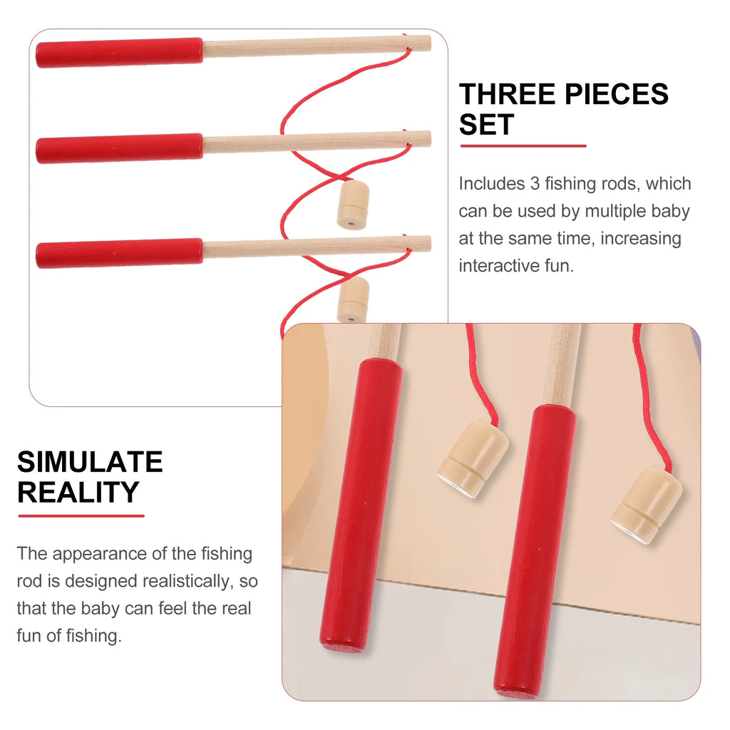 3pcs Kids Toy Magnetic Wood Fishing Poles Fishing Games Wooden Fishing Rod H87543