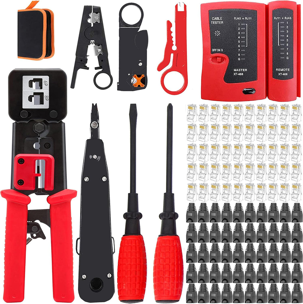 RJ45 Crimper Cat5/Cat5e/Cat6 Tool Set with 50PCS Connectors, 50PCS Covers Network Wire Stripper Kit (Dark) Pack of 2 V90727