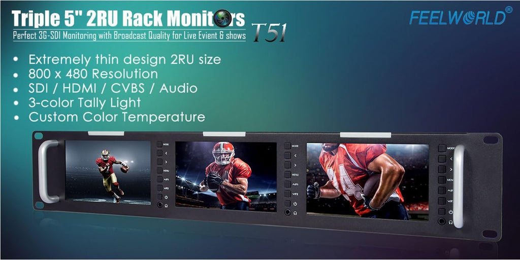 Triple 5 Inch 800x480 Pixel Rack Mount LCD Monitor with 3G-SDI, HDMI, AV Input and Output with Microfiber Cloth U771864