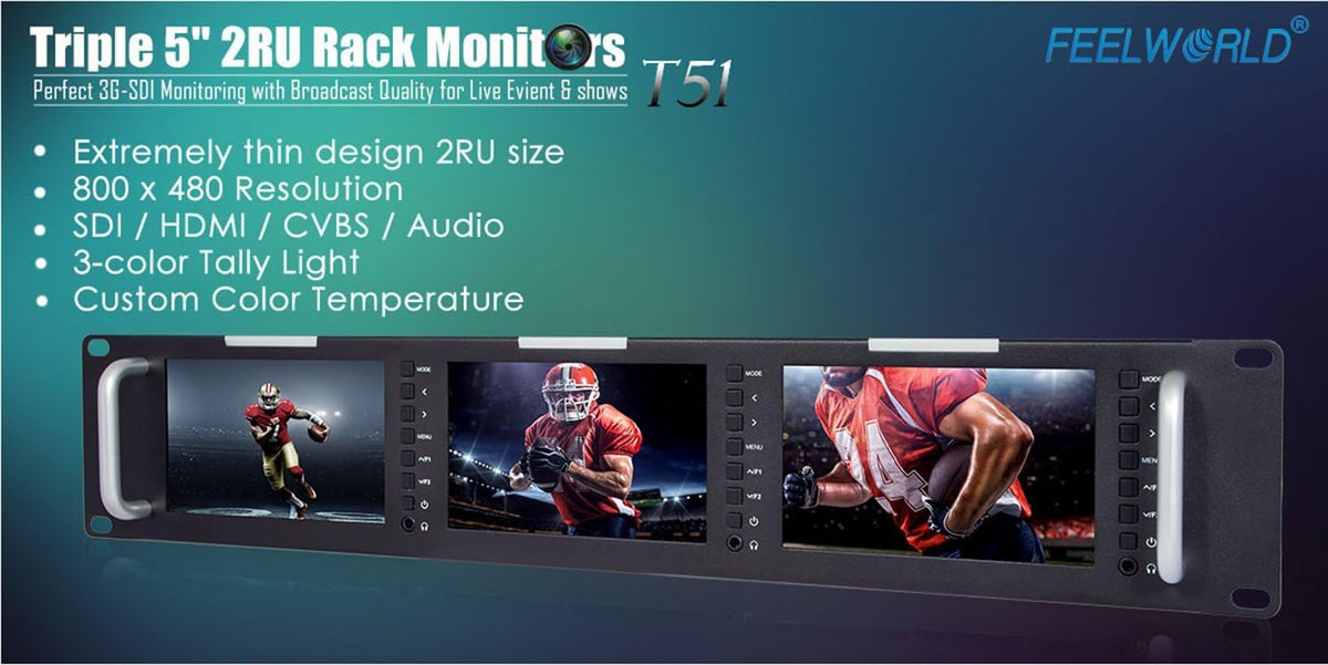 Triple 5 Inch 800x480 Pixel Rack Mount LCD Monitor with 3G-SDI, HDMI, AV Input and Output with Microfiber Cloth U771864