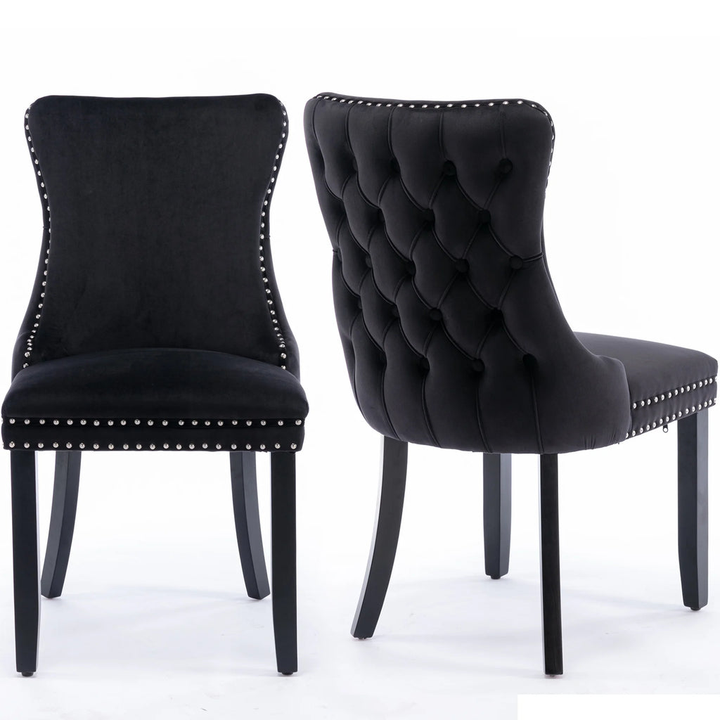 Black Velvet Upholstered Dining Chairs Set of 2 Solid Wood Wing Back Accent Chairs C7120