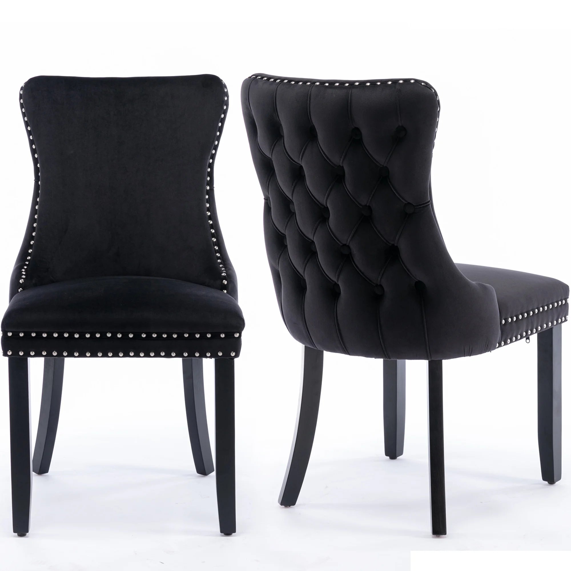 Black Velvet Upholstered Dining Chairs Set of 2 Solid Wood Wing Back Accent Chairs C7120
