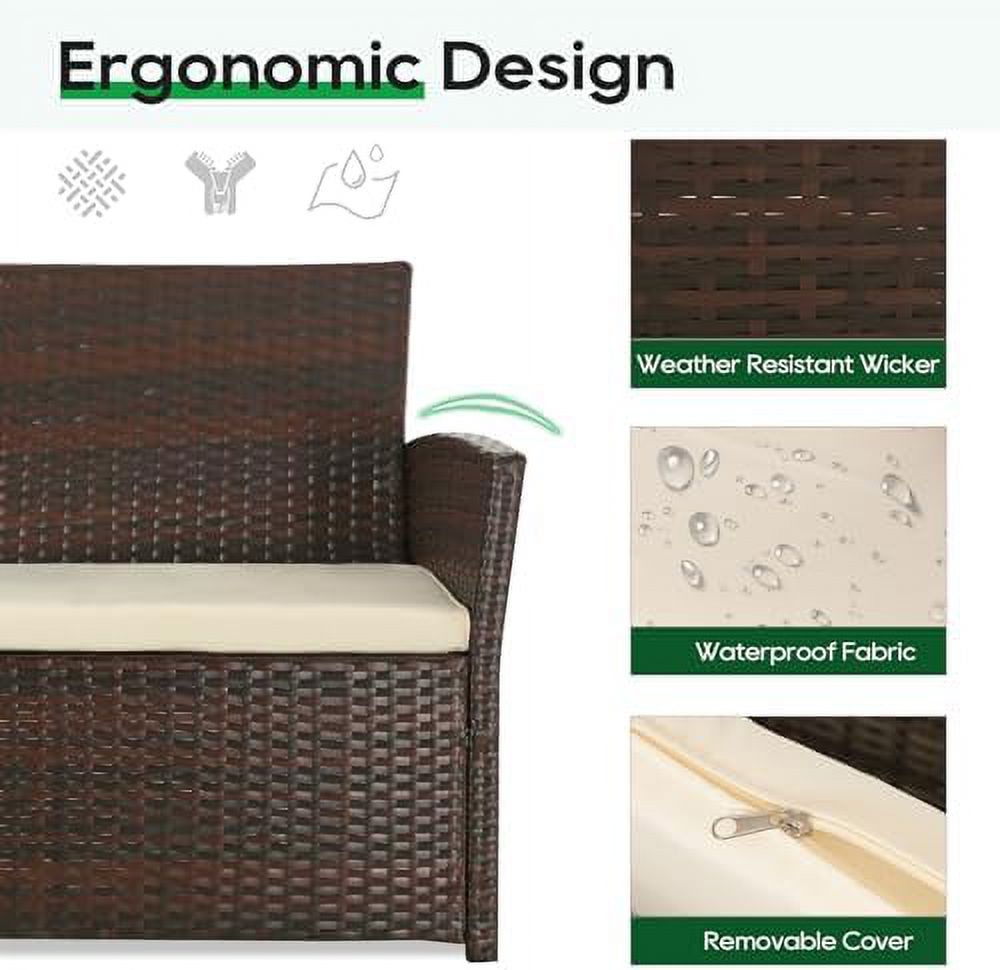 4 Pieces Sectional Sofa Set with Table and Loveseat, Brown Wicker H107