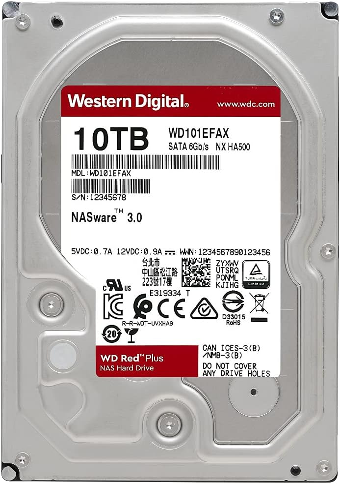 10TB WD Red Plus NAS Internal Hard Drive HDD - 5400 RPM, SATA 6 Gb/s, CMR, 256 MB Cache, 3.5 T905