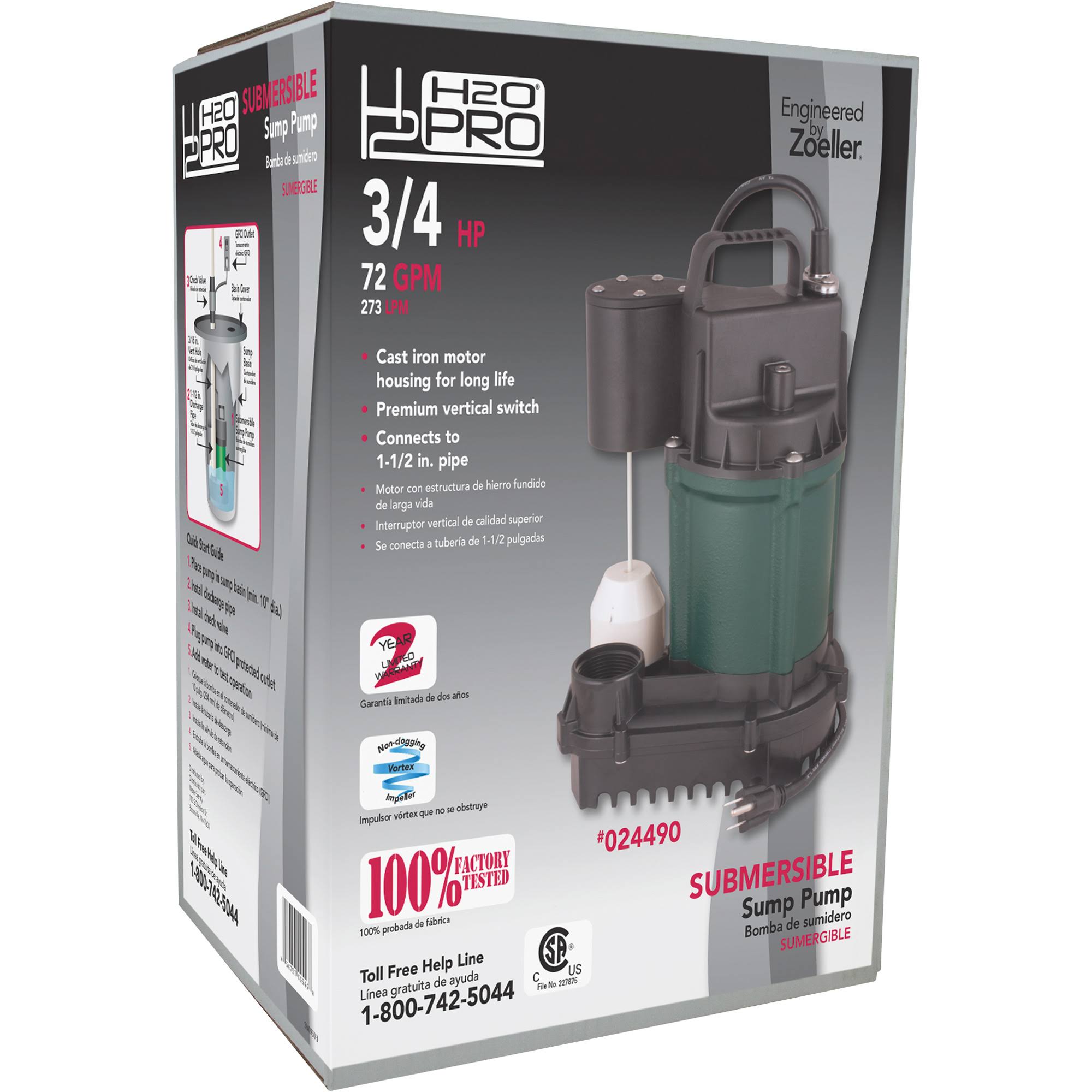 3/4 HP 4320 GPH Cast Iron Submersible Sump Pump Z7015