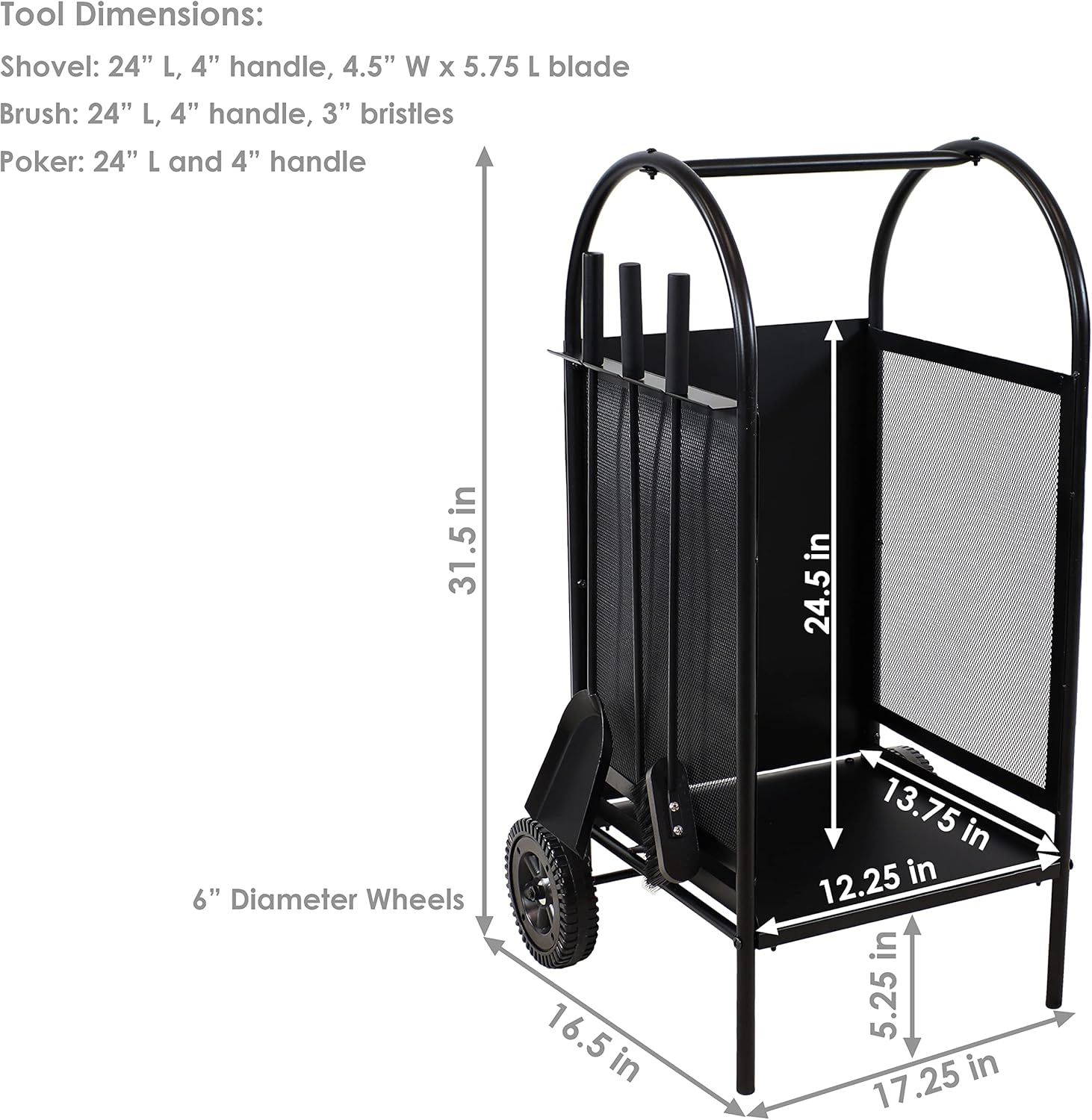 Wrought Iron Firewood Rack with Poker, Shovel and Brush Tools P462