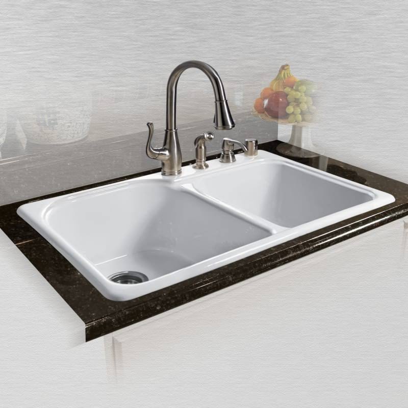 White Double Basin Drop in Cast Iron Kitchen Sink E485