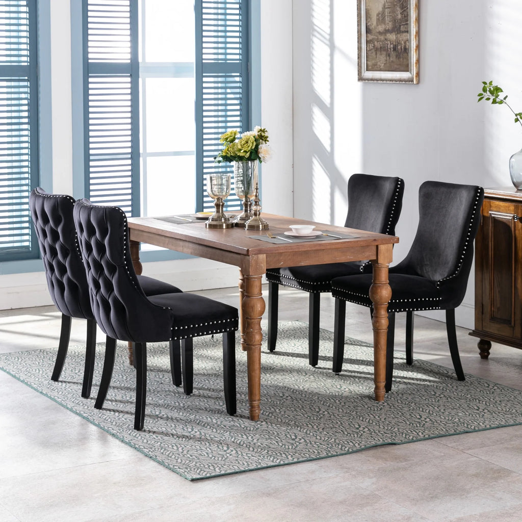 Black Velvet Upholstered Dining Chairs Set of 2 Solid Wood Wing Back Accent Chairs C7120