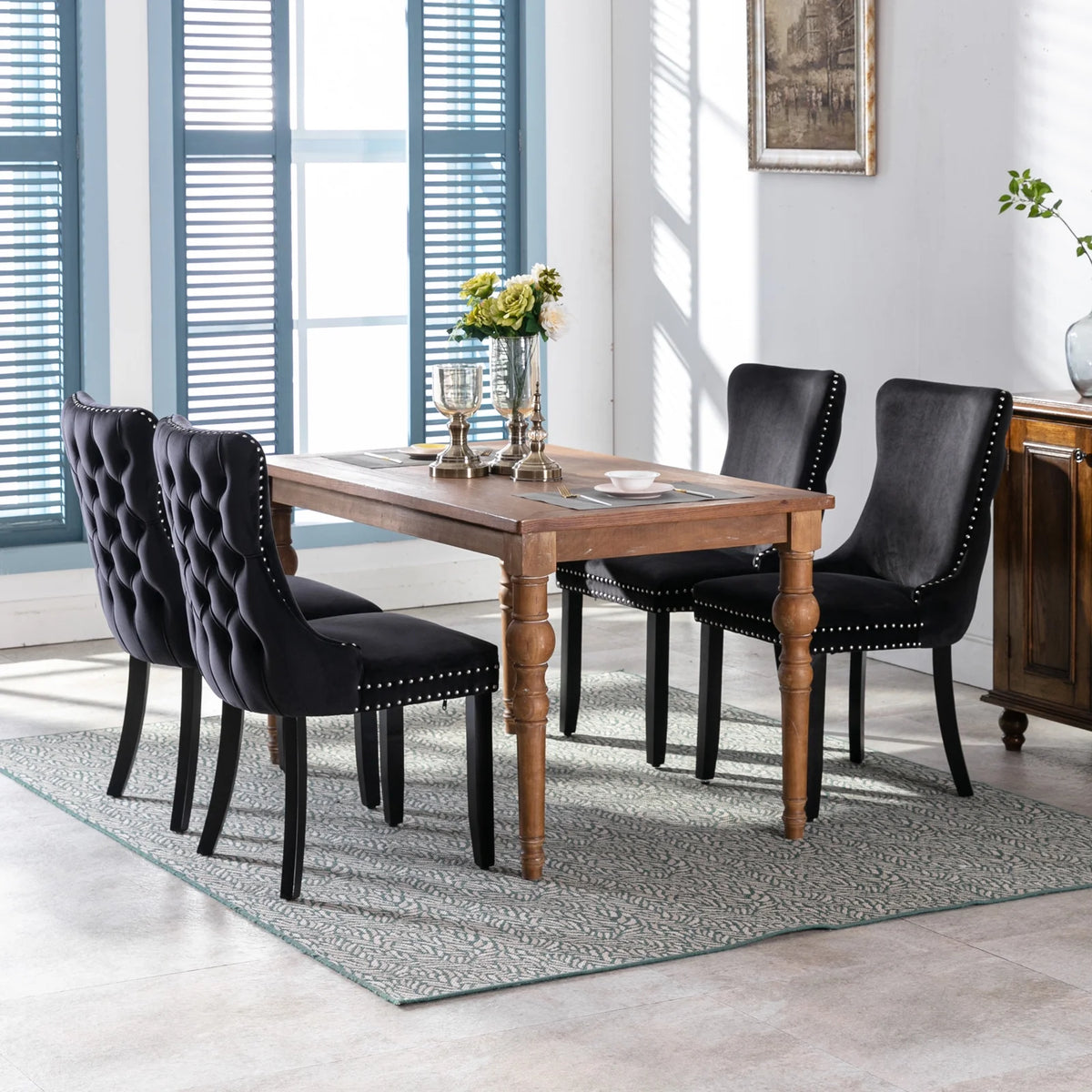 Black Velvet Upholstered Dining Chairs Set of 2 Solid Wood Wing Back Accent Chairs C7120