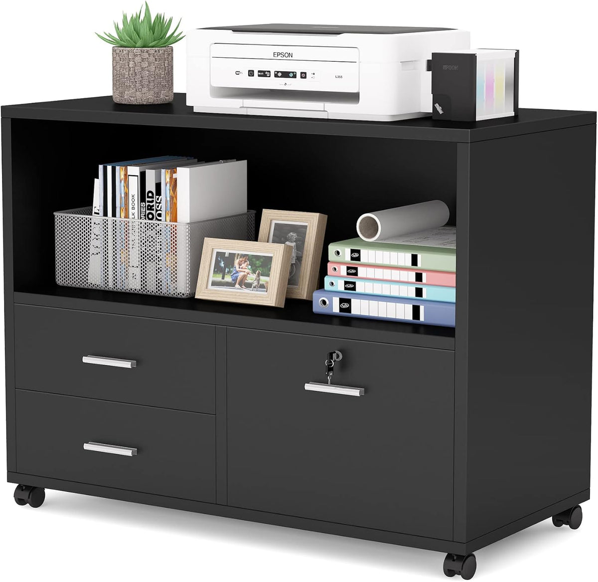 3 Drawer Mobile File Cabinet with Lock and Open Storage Shelves J369
