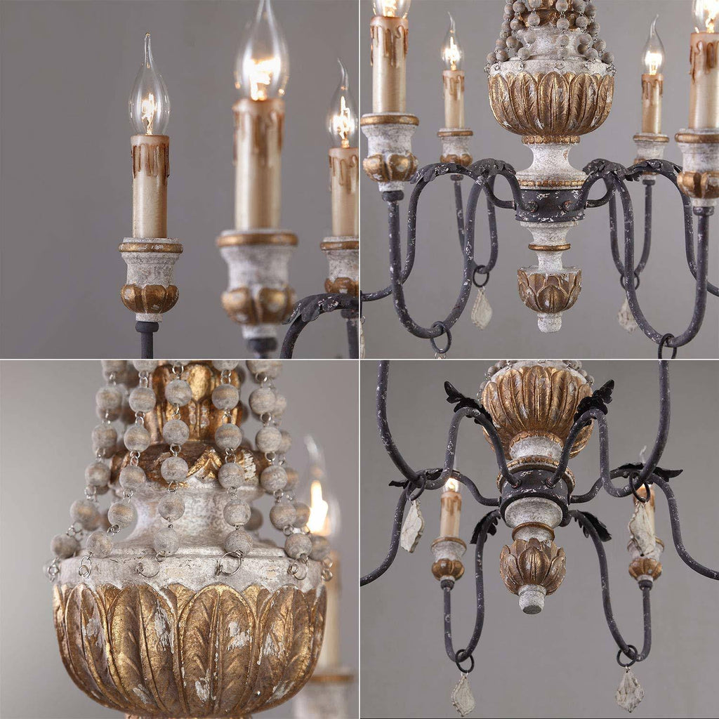 Retro Rustic 6-Light Wood Metal Crystal Chandelier U89907