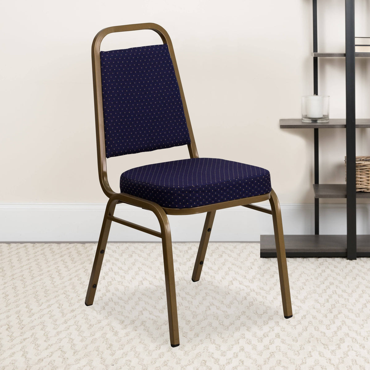 Stacking Banquet Chair with 2.5 inch Thick Seat Navy Patterned Fabric/Gold Frame I930