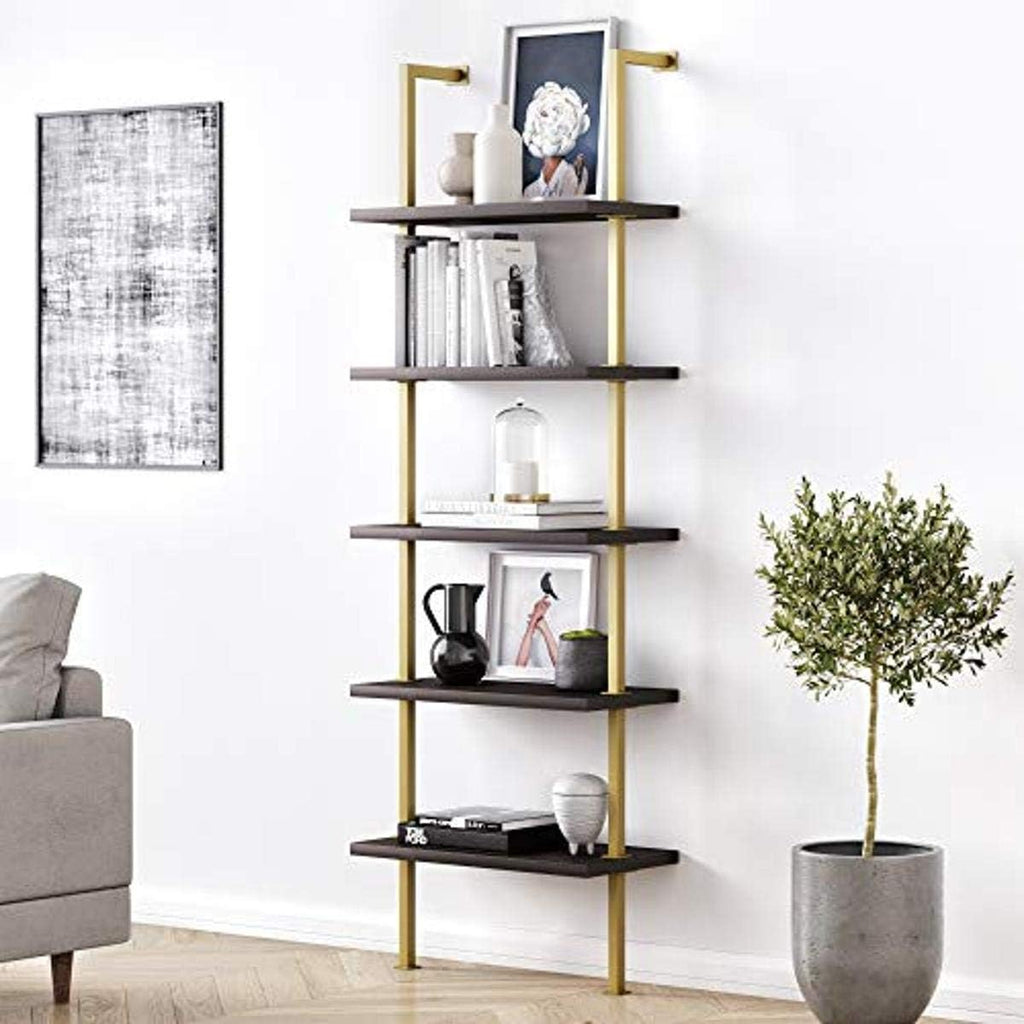 White/Gold 5-Shelf Ladder Bookcase with Metal Frame C655