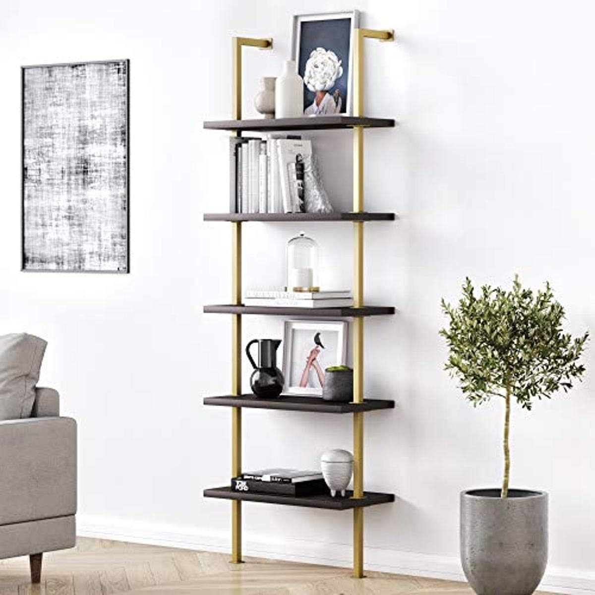 White/Gold 5-Shelf Ladder Bookcase with Metal Frame C655