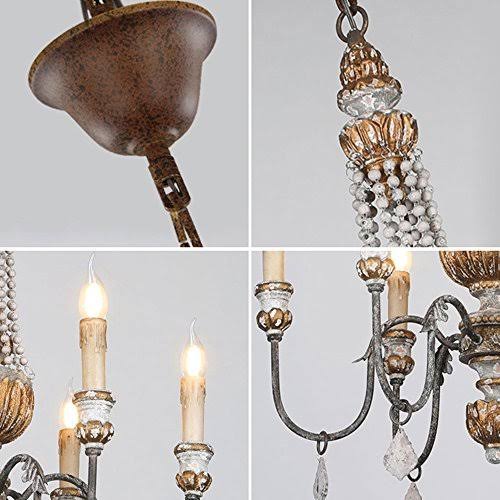 Retro Rustic 6-Light Wood Metal Crystal Chandelier U89907
