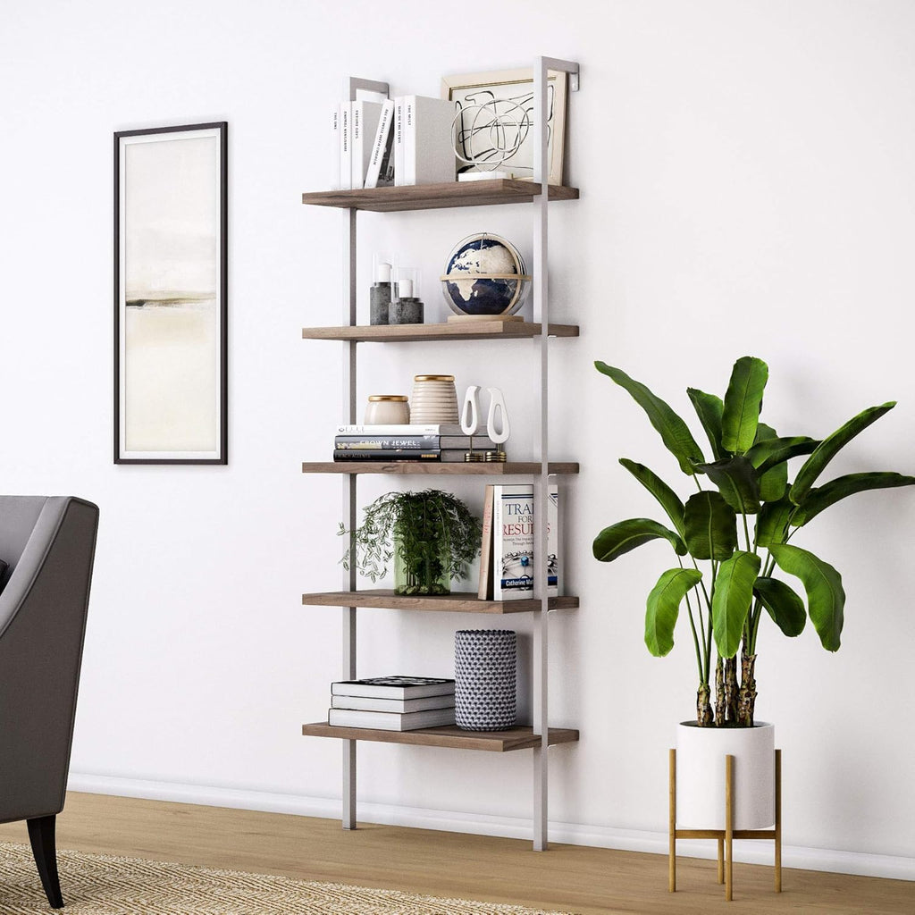 White/Gold 5-Shelf Ladder Bookcase with Metal Frame C655