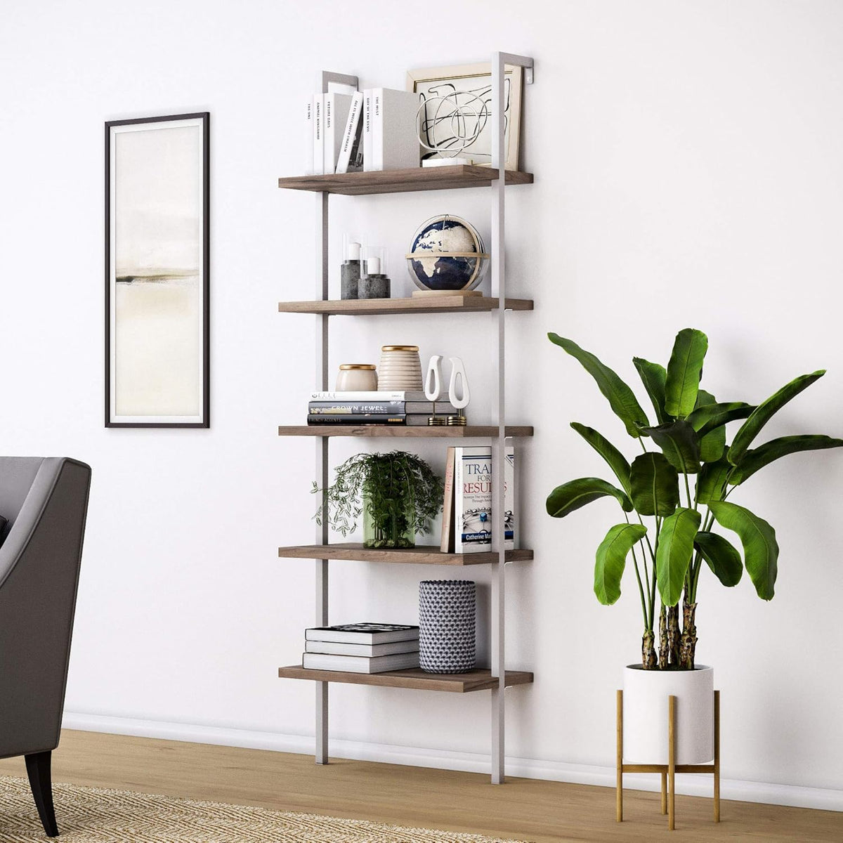 White/Gold 5-Shelf Ladder Bookcase with Metal Frame C655