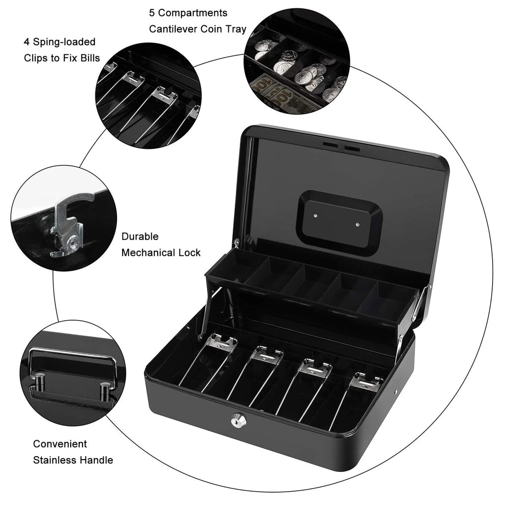 Metal Cash Box with Key Lock, 4 Bill / 5 Coin Slots, Matte Black Q3446