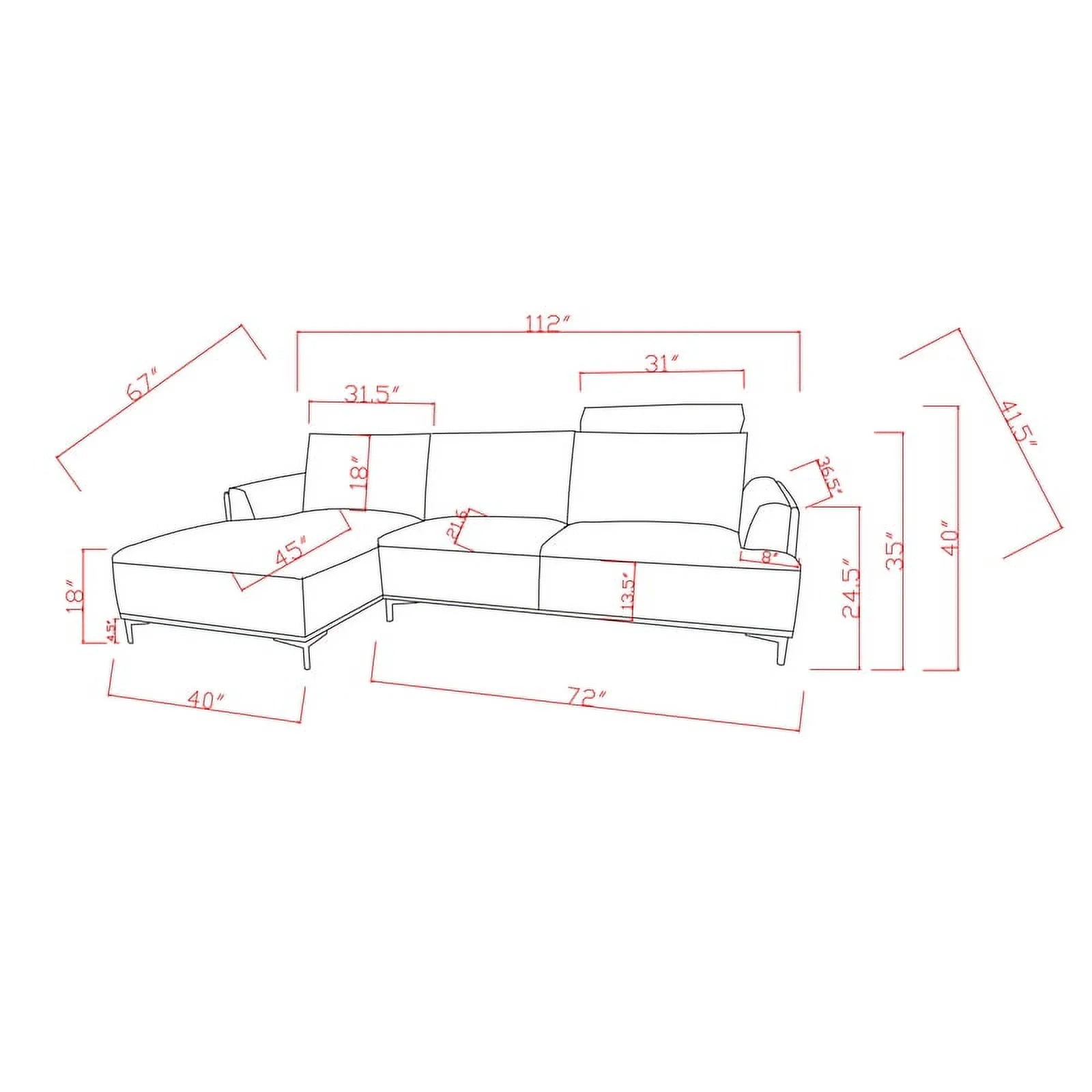 Modern Lucca Sectional Sofa with Push Back Functional Right Facing E353