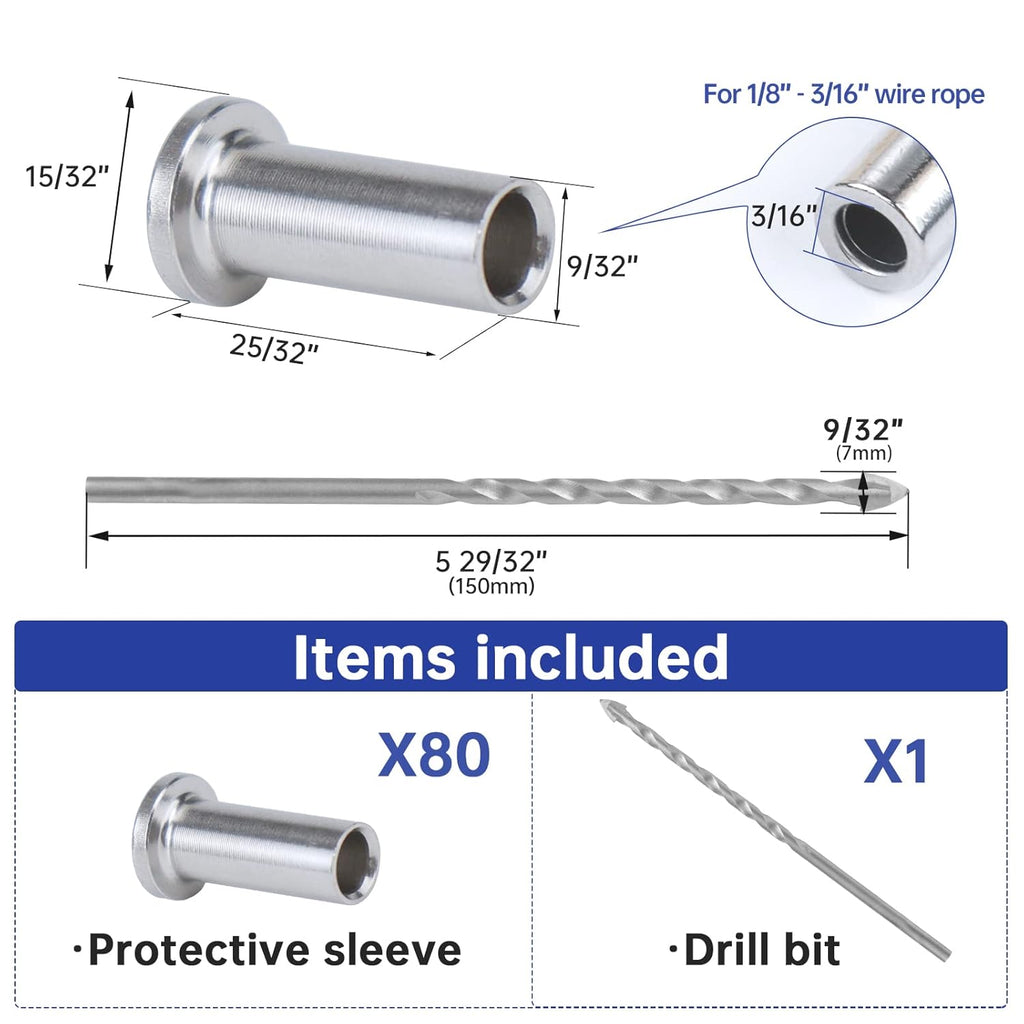 80Pack Cable Railing Kit for 1/8 5/32 3/16 Wire Rope Wood Posts T316 Stainless Steel Y18690
