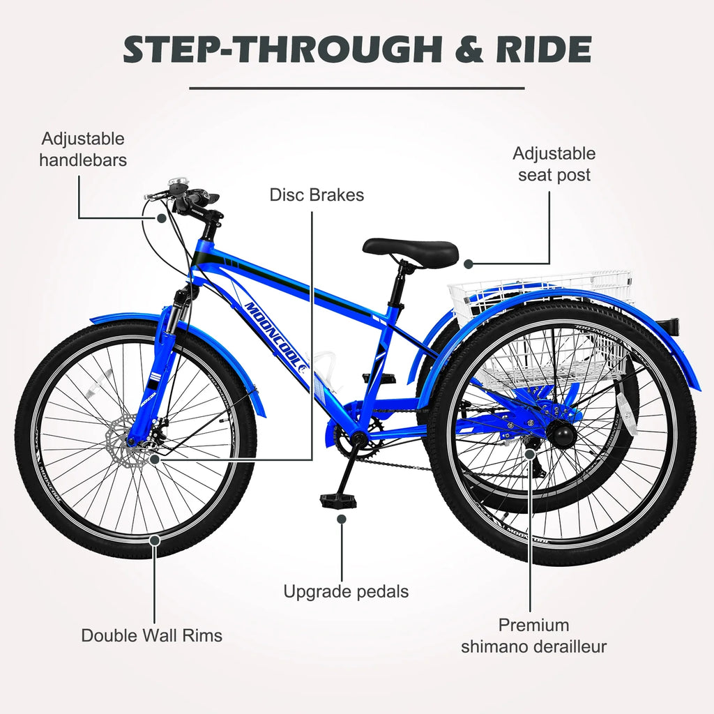 Adult Mountain Tricycle, 7 Speed Three Wheel Bike, 24/26/27.5 inch, 420 lbs Y89923