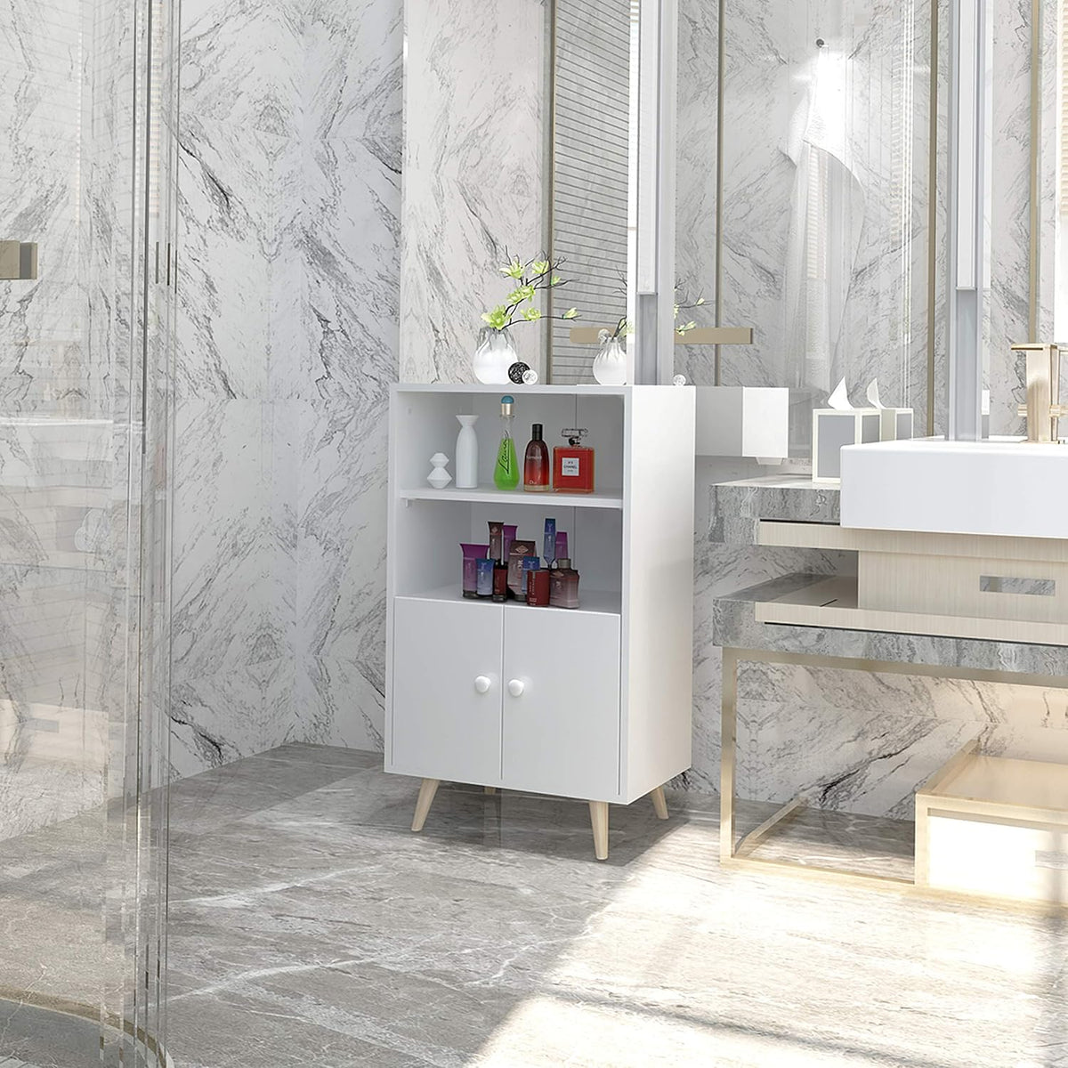 Ivory White Freestanding Storage Cabinet with 2 Open Shelves and Cupboard X41360