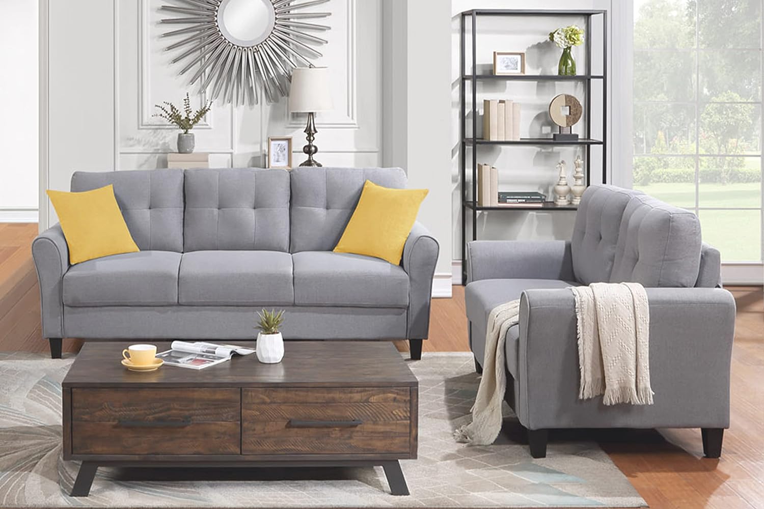 Light Grey-Blue 3-Seat Upholstered Sectional Sofa Set Y77396