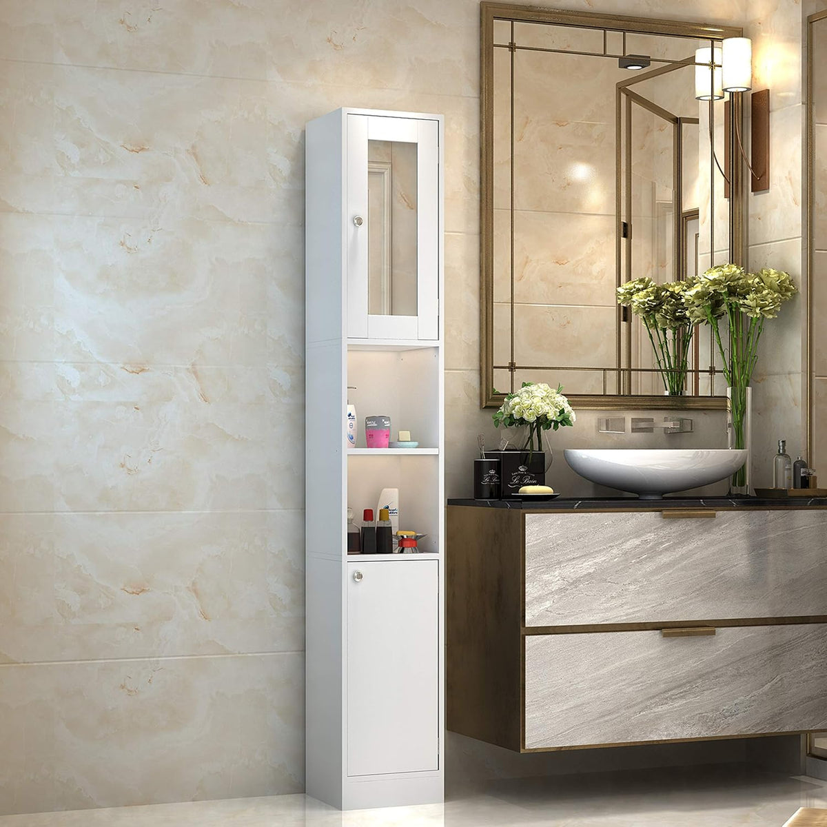 Ivory White Freestanding Storage Cabinet with 2 Open Shelves and Cupboard X41360