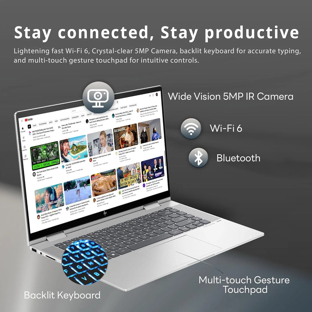 HP Envy x360 2-in-1 15.6" FHD Touchscreen Laptop, Intel Core i7-1355U, 16GB LPDDR5 RAM, 512GB SSD, Intel Iris Xe Graphics, Backlit KB, 5MP IR Camera, Win 11, Silver K793540