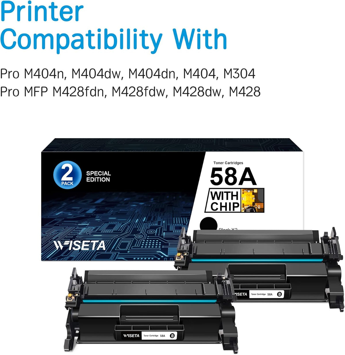 2 Black Compatible Toner Cartridge with Chip for HP 58A CF258A T880502
