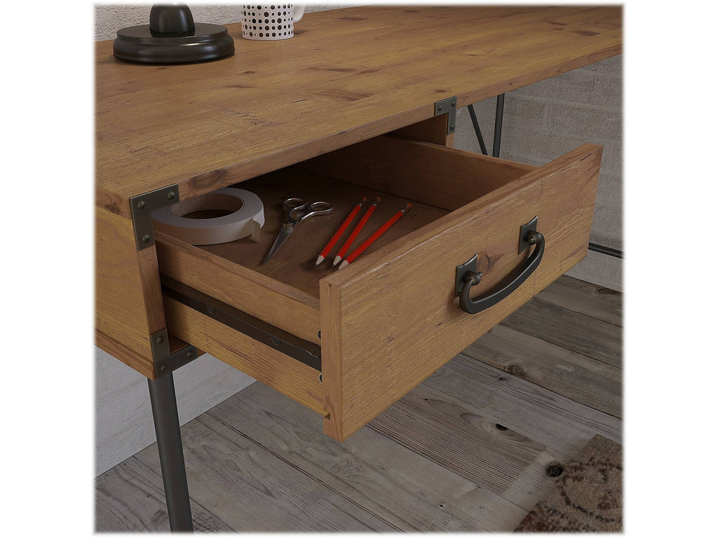 Vintage Golden Pine L Shaped Writing Desk with 2 Drawer Mobile File Cabinet G20095
