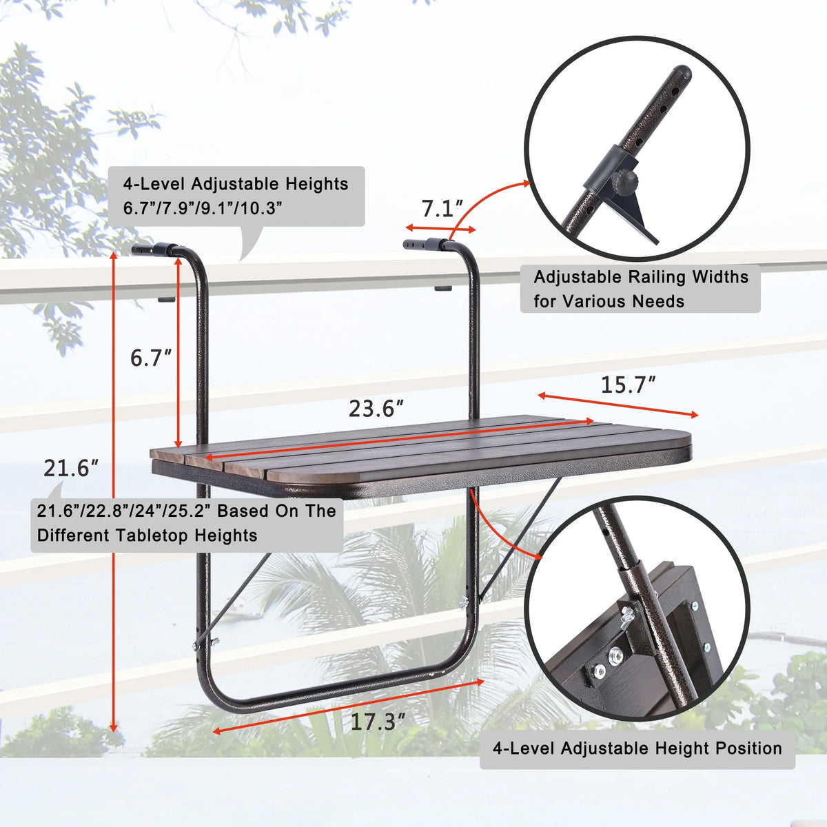 Balcony Hanging Folding Aluminium Side Table 23.6"(L) x 15.7"(W) Brown O48004
