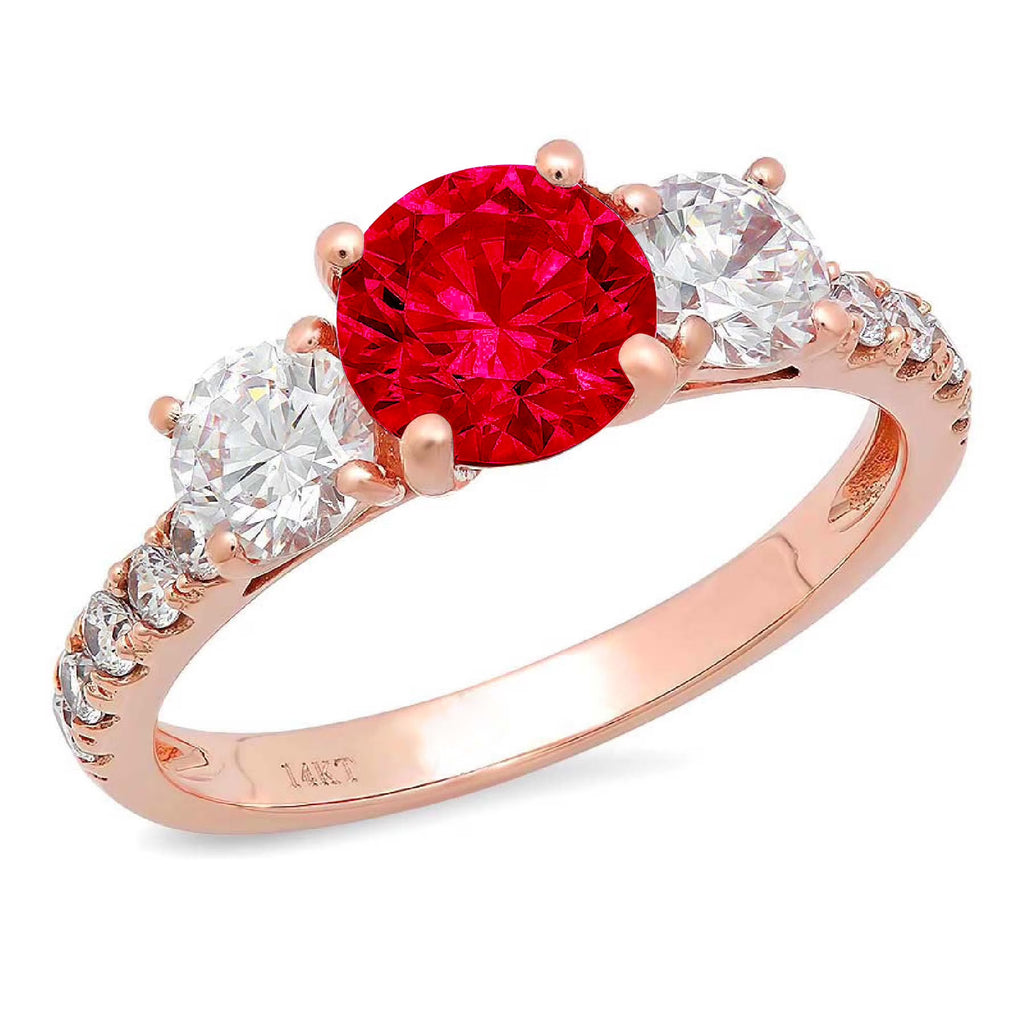 2.02ct Round Cut Red Simulated Ruby 14k Rose Gold 3 Stone Ring Size 10.5 J286