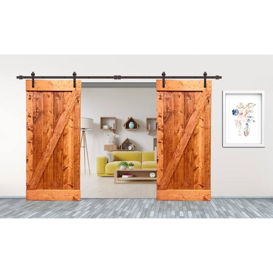 Red Walnut Stained Solid Pine Wood Interior Double Sliding Barn Door with Hardware Kit D13793